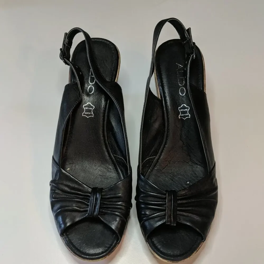 ALDO Black Wedge Peep Toe Slingback Sandals 39